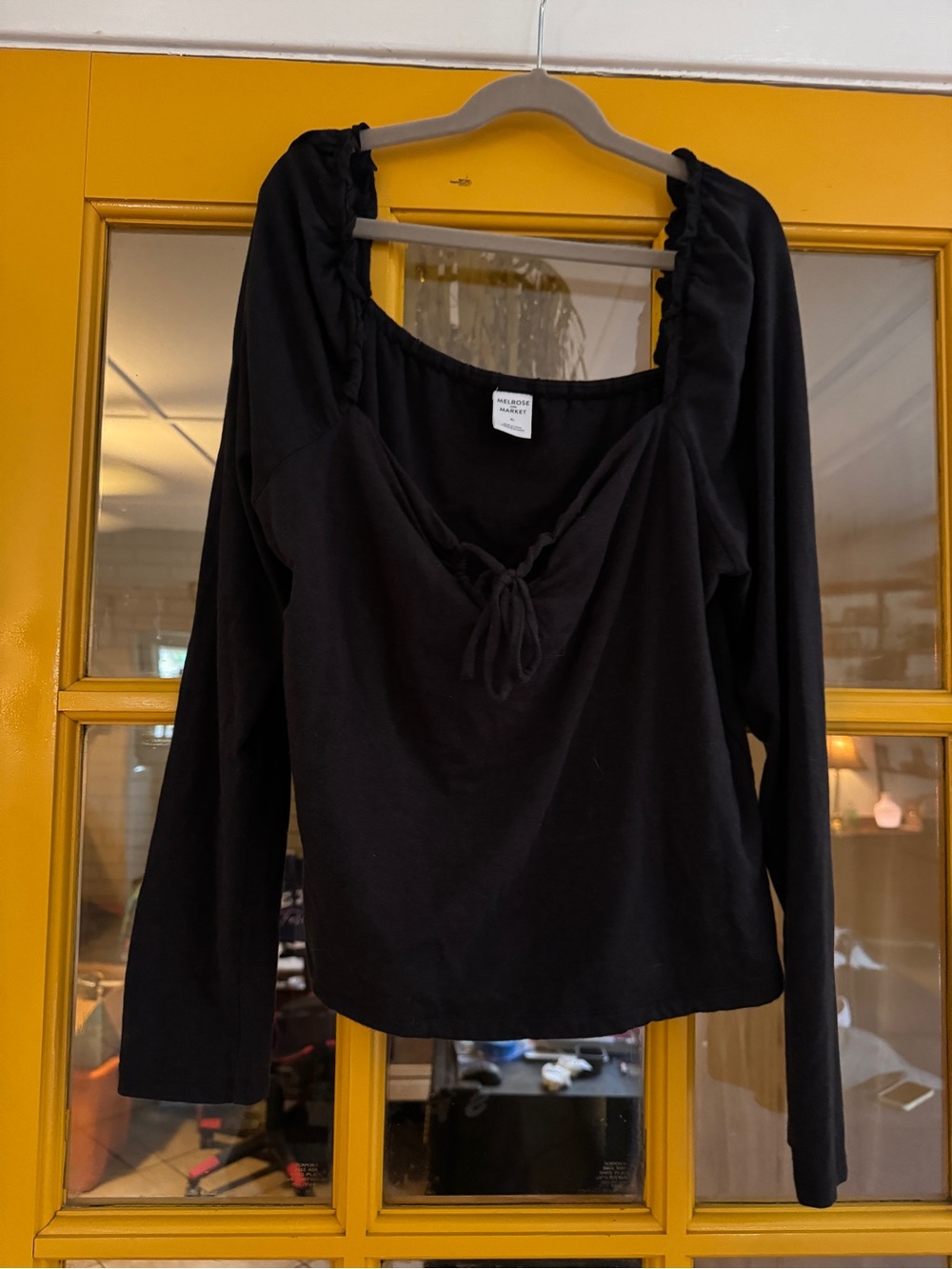 Melrose and Market Black Long-Sleeve Square Neck Top with Front Tie